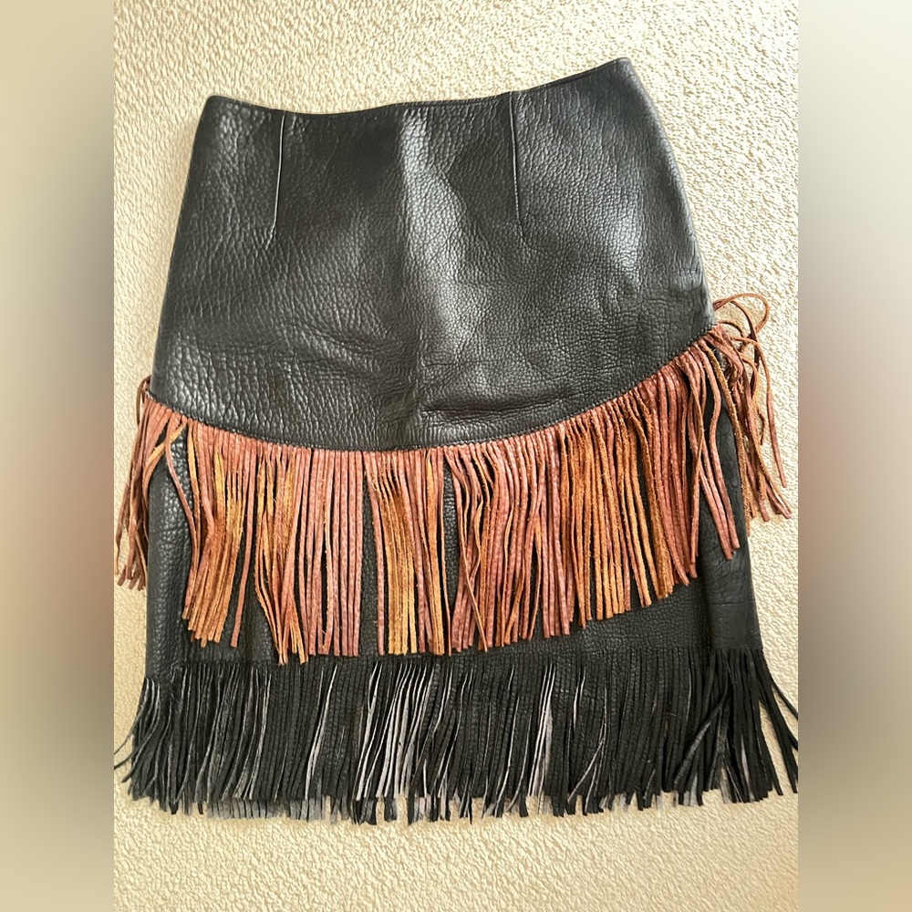 Bison leather Black and Brown Fringe Pencil Skirt